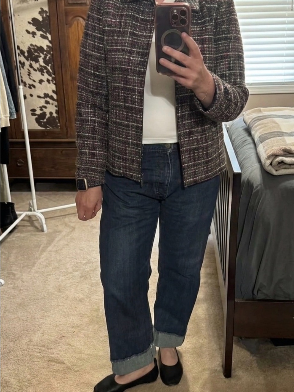 Vintage Christopher & Banks Brown Plaid Tweed Zip-Front Blazer